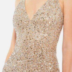 Mac Duggal (271) Simmering Gold SEQUINED SLEEVELESS V NECK SIDE SLIT GOWN Sz 6